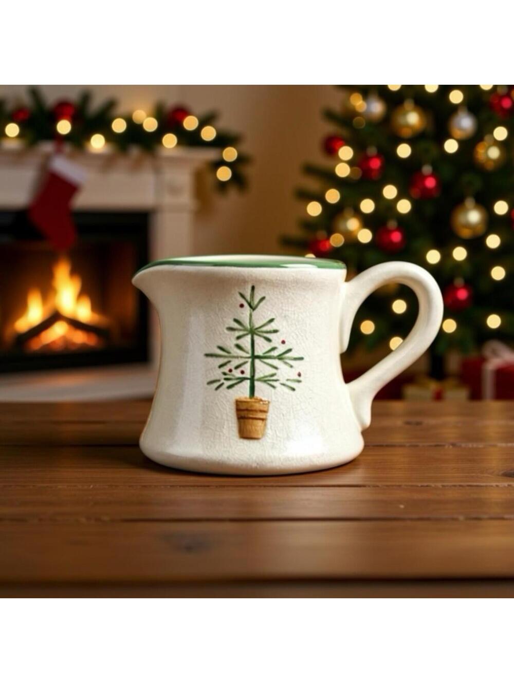 Vintage Handmade Ceramic Creamer Jug with Festive Christmas Tree Design